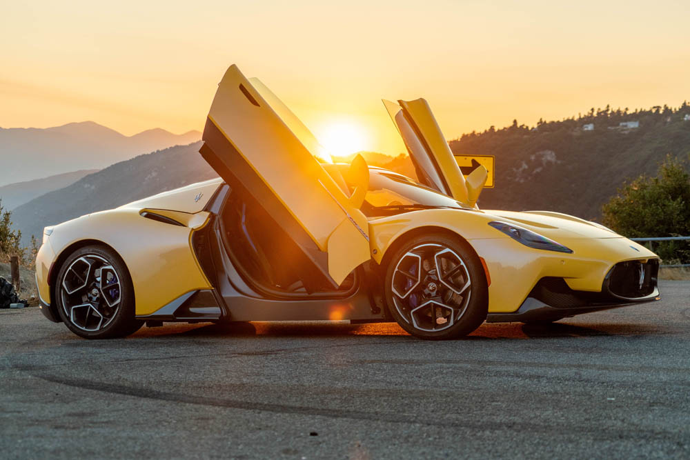 2024 Maserati MC20 Perched in San Bernardino national forest near Crestline, California, outside of Los Angeles during sunset